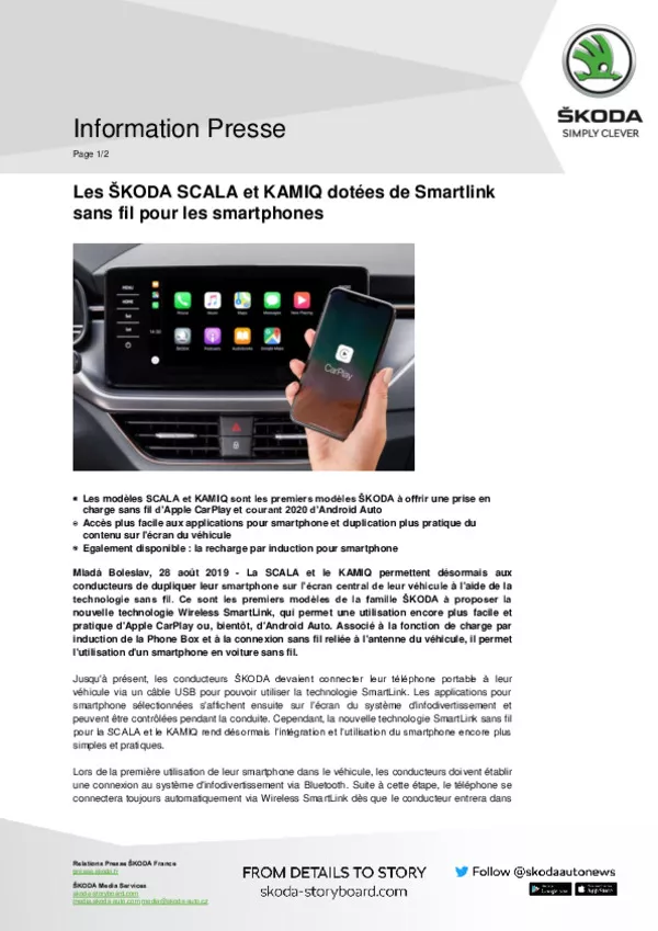 ŠKODA SCALA und ŠKODA KAMIQ binden mit der neuen Wireless SmartLink  Technologie kabellos Smartphones ein - Škoda Storyboard